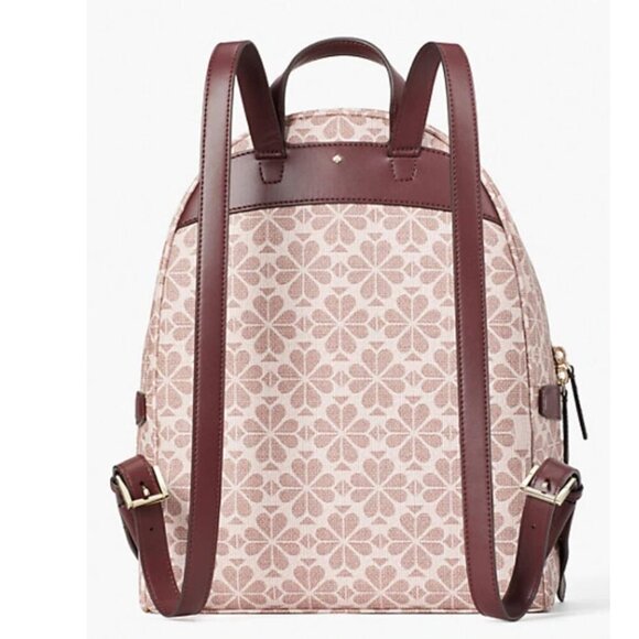 Kate Spade Large Backpack Flower Jacquard Beige Coated Canvas Leather Pockets - Picture 3 of 11